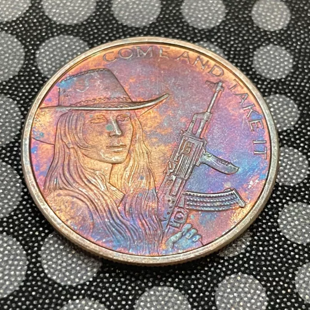 2014 Rainbow Toned 2nd Amendment Come Take It Girl 1oz .999 Silver Shield Round