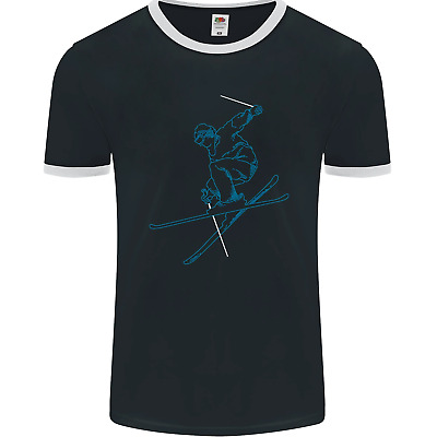T-shirt Skier Blue Outline Sci Uomo Ringer FotoL