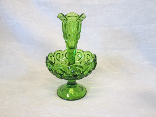 Moon and Stars Glass LE Smith 2pc GREEN Flower EPERGNE HORN Pedestal Dish 7.75"