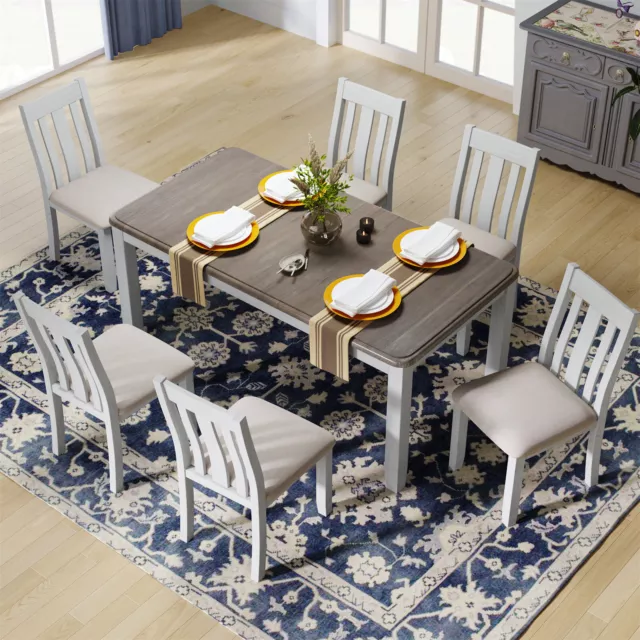 7Piece Kitchen Farmhouse Upholstered Dining Room Set Wood Table 6Chairs 6 people