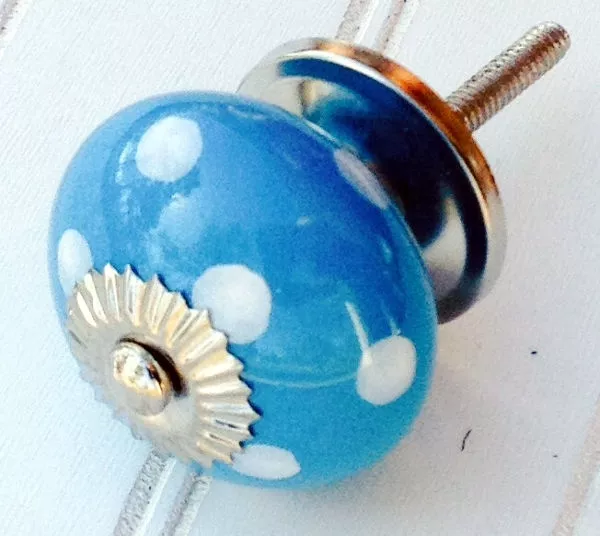 6 Blue & White Ceramic Cabinet Knobs Drawer Pulls Closet Door Handles Polka Dots