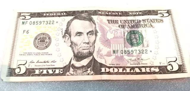 $5 Five Dollar Bill STAR Note Block MF08597322* 2013 American US Currency