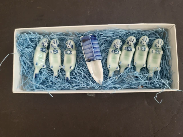 Vintage Set of 8 Blue Porcelain Chopstick Rests, Sea Otters & Sampan Boat -W/Box
