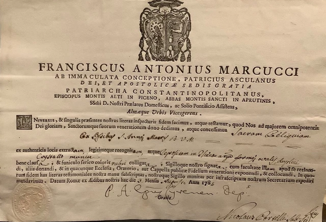 Certificato reliquia 1785 autenticità ex ossibus S.Anna madre di Maria