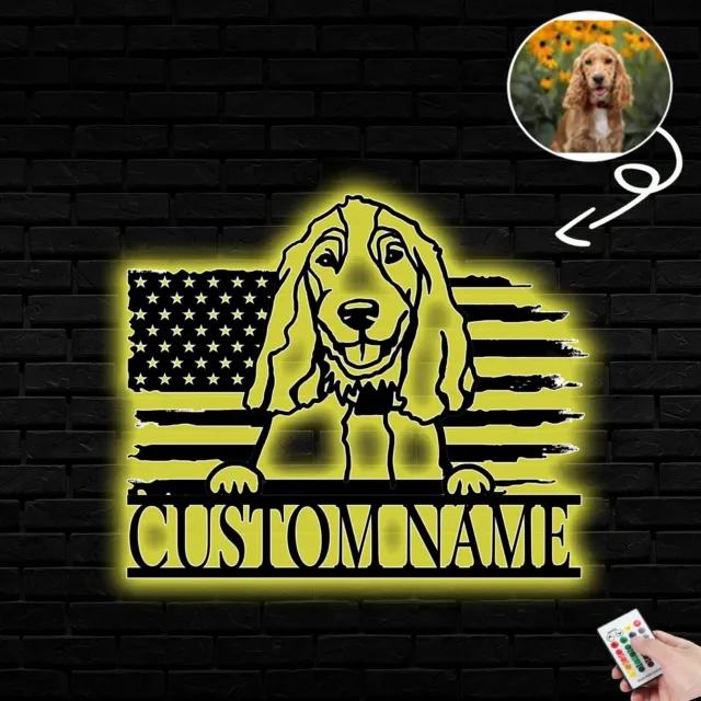 Personalized Cocker Spaniel Dog American Flag Metal Sign Led Lights Custom Photo