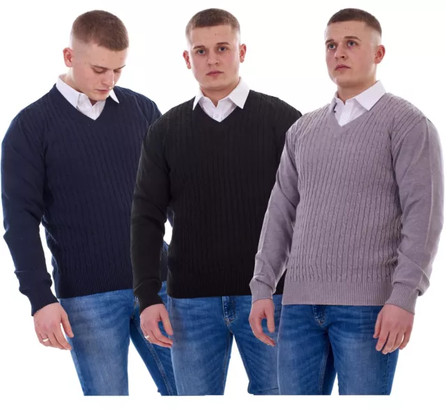 Mens Jumper Cable Knit V-Neck Chunky Pullover Warm Casual Long Sleeve Sweater
