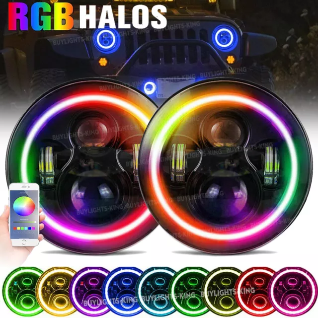 RGB Halo 7 inch LED Headlights Projector Hi/Lo Beam DRL For GQ PATROL JEEP 4WD