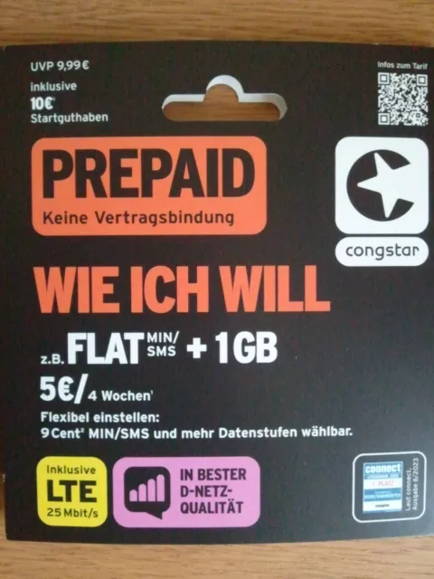 Congstar Prepaidkarte WIE ICH WILL inkl. 10 € Startguthaben NEU !