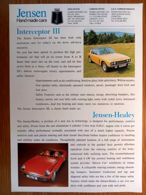 Jensen Range Leaflet / Brochure 1973 - Interceptor Series III  Healey