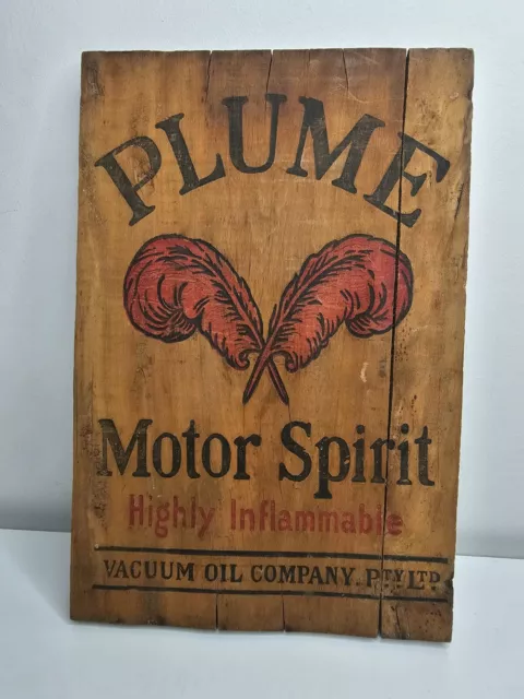 Plume Wood Sign, Motor Spirit, Highly Flammable Vacuum Oil Company, Vintage Look