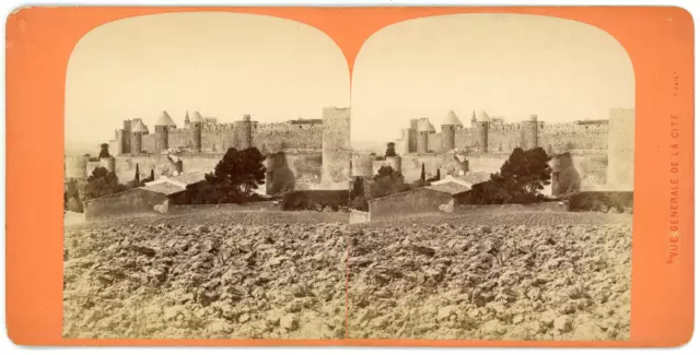 STEREO France, Carcassonne, vue générale de la Cité, circa 1880 Vintage stereo c