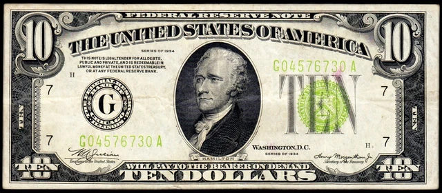 1934 Chicago $10 LGS (Light Green Seal) Federal Reserve Note VF