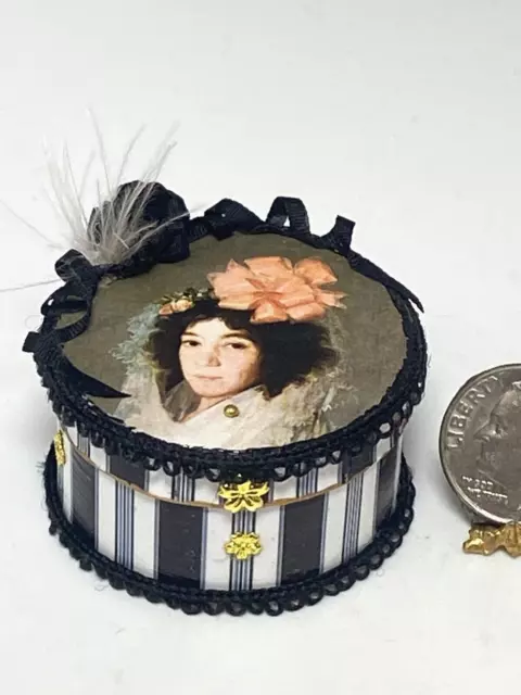 Artisan Victorian Striped Portrait Hat Box 1:12 Dollhouse Mini Signed OOAK  '23