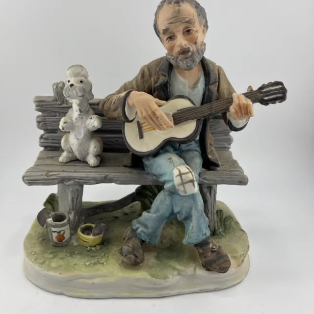 LEFTON Figurine Man Playing Guitar Dog On Bench Begging 7.25" tall