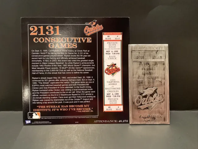 Orioles Vs. California Angels Sept 6, 1995 Cal Ripken Jr. -Metal Ticket Baseball