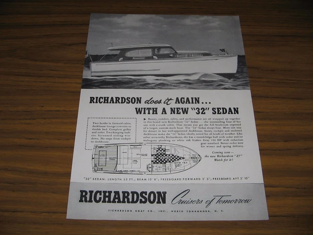 1950 Print Ad Richardson Cruisers 32' Sedan Boats North Tonawanda,NY