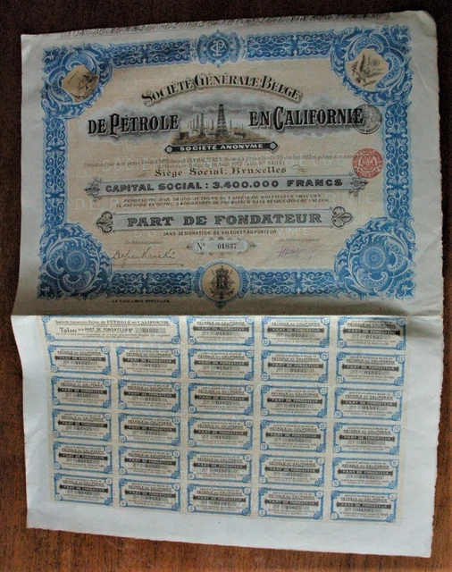 Share certificate 1912: Societe Belge de Petrole en Californie + coupons (A10) Share certificate 1912: Societe Belge de Petrole en Californie + coupons (A10)