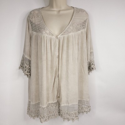 Urban Mango Womens Blouse Tunic Top 1X Khaki 3/4 Sleeve Button Front Lace