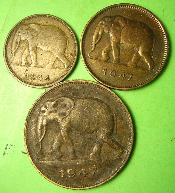 Belgian Congo, three elephants coins, KM 26, 28. 29
