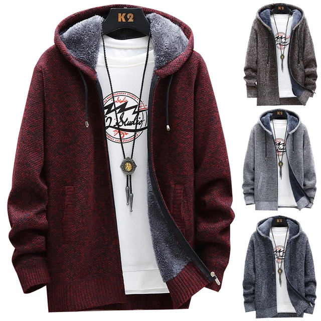 Mens Knit Sweater Coat Hooded Jumper Cardigan Fleece Fur Lined Zip Hoodie Jacket