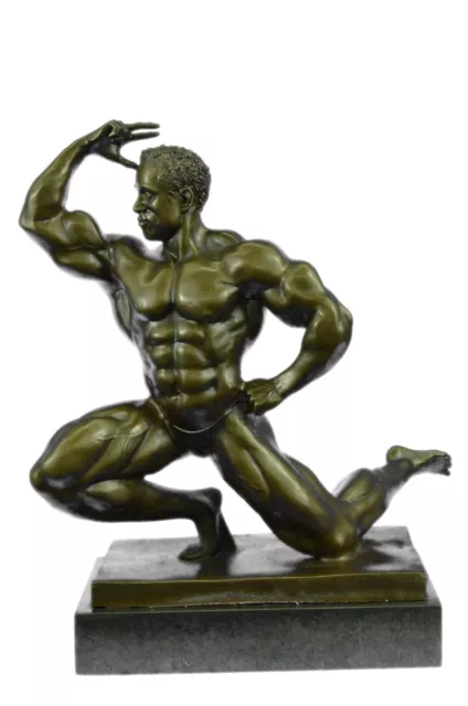 Original Iron Man Muscular Nude Male Muscle Trophy Bronze Marble Base Sculpture