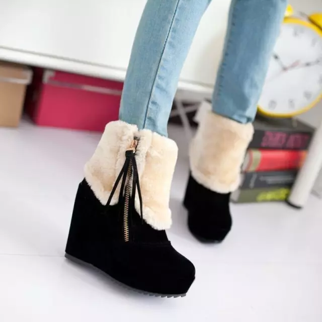 women's fur furry side zipper platform Warm wedge high heel Tassel ankle boots