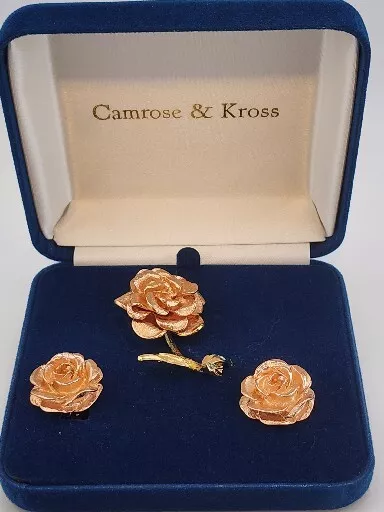 Camrose & Kross~Emerald Stones On Stem Of Flower Brooch & Clip-On Earrings~New