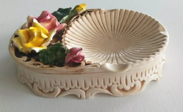 Ceramic hand made soap dish pink & yellow roses &  round shell holder 22cm long