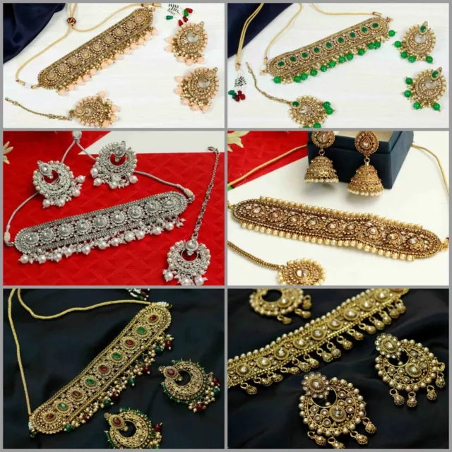 Conjunto de joyería de collar de gargantilla de boda nupcial Kundan chapado...