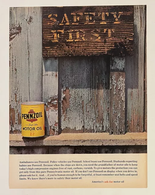 Penzoil Motor Oil 1966 VTG Life Print Add 10.5X13.5 Oil In Can “Safety First”