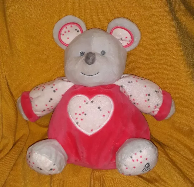 Doudou Peluche Grelot Souris rose framboise grise coeur Obaibi en parfait état