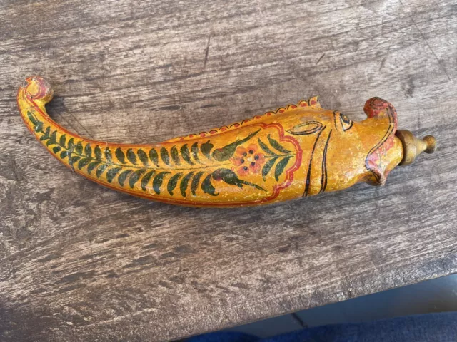 Ancient Old Rare Wooden Golden Hand Painted Fish Figure Gun Powder Flask Pot