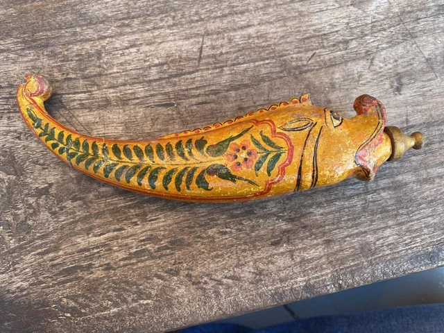 Ancient Old Rare Wooden Golden Hand Painted Fish Figure Gun Powder Flask Pot