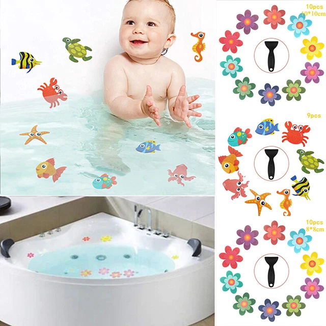 24 Autocollants Antidérapants Baignoire - Motifs Poissons Colorés - Avec Grattoir Silicone - Sécurité Enfants