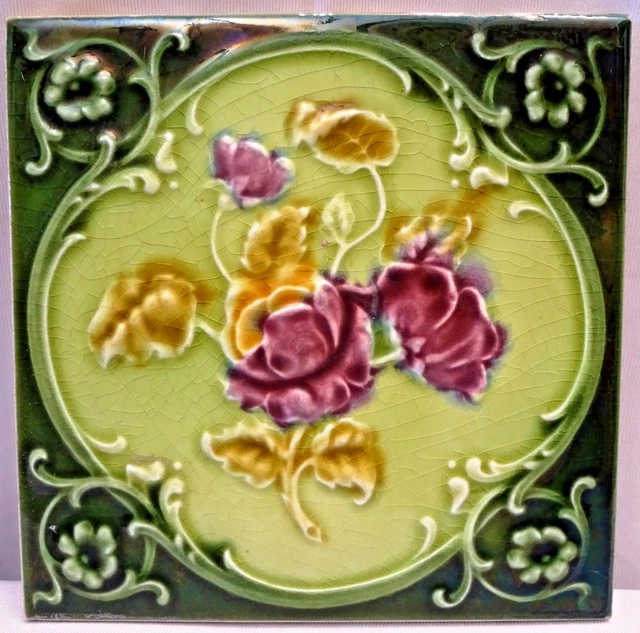 Ancien Carreau Majolique Angleterre Céramique Rose Fleur Mauve Vert Architecture 2