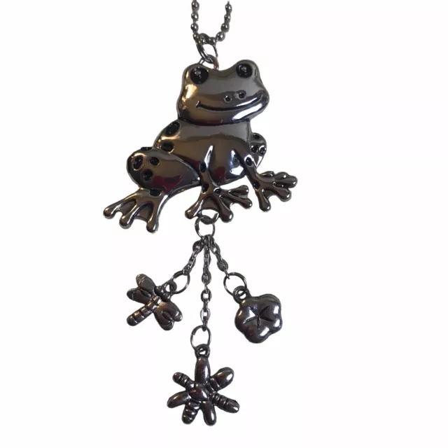 Frog Charm Rear View Mirror Ornament Silver Tone Ganz Keychain Hanging Dragonfly