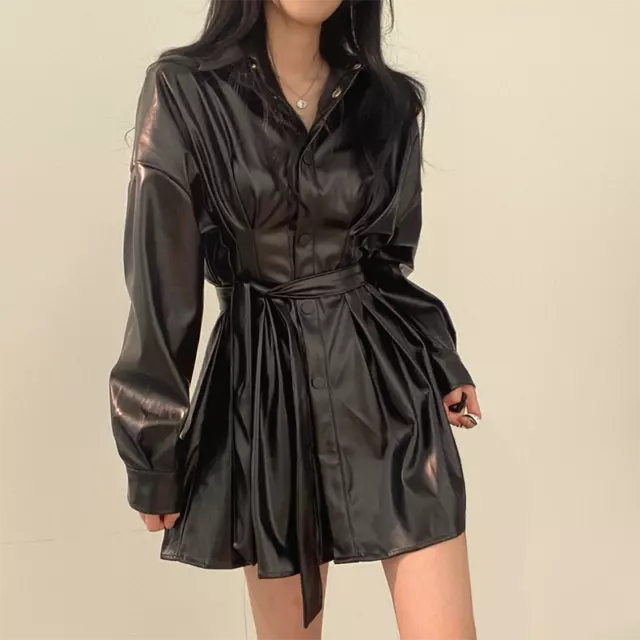 Donna Similpelle PU Fibbia Corto Mini Camicia Abiti Allacciate Cintura Punk Rock