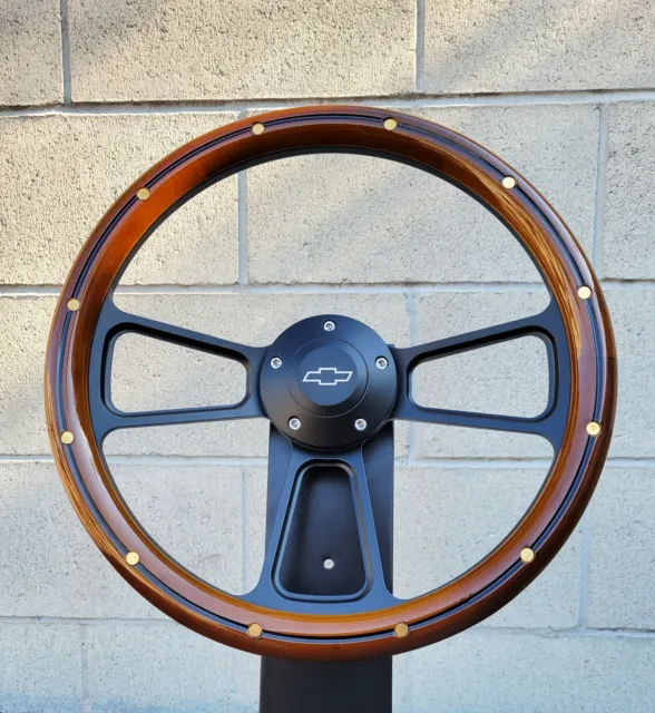 14" Black Billet Steering Wheel Real Wood Mahogany Brass Rivets Chevy Bowtie