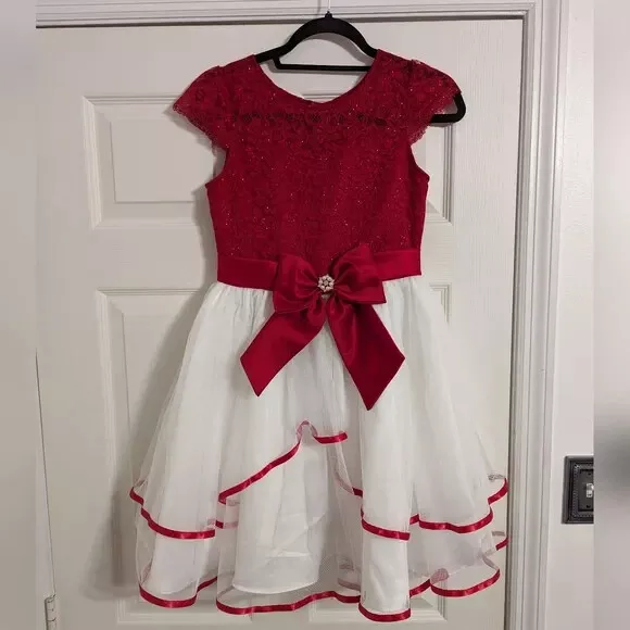 Rare Editions girls dress red & white lace bodice tiered mesh skirt size 14