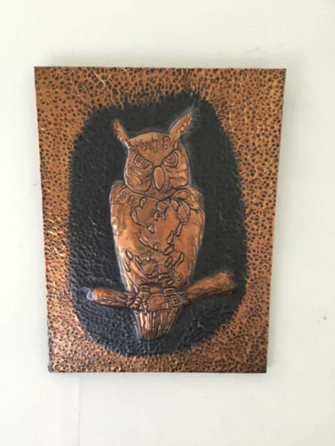 Vintage Hammered Copper Wall Hanging Art Plaque Owl on Branch Repousse Embossed