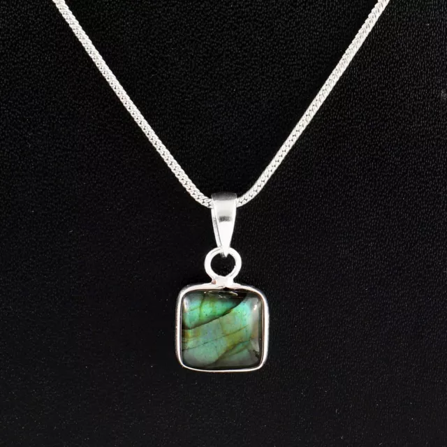 Solid 925 Sterling Silber Viereck Klein Labradorite Anhänger Halskette Schmuck