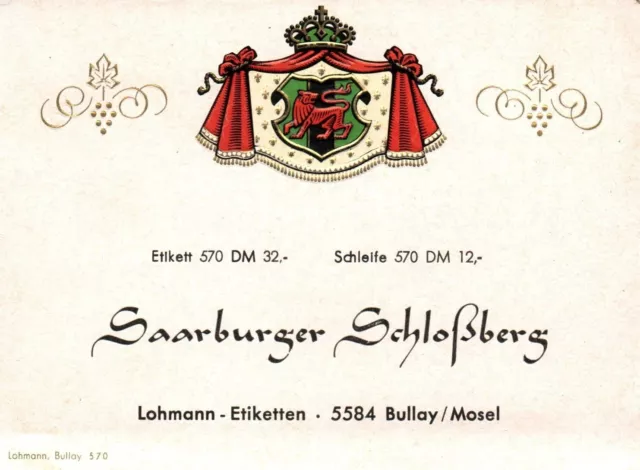 Lovely German Wine Label 1950s Saarburger Schlossberg Vintage Mosel