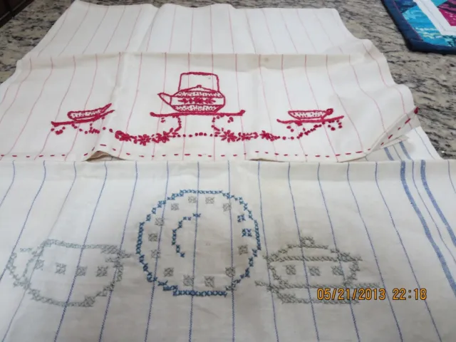 Two Vintage Dish Towels--Hand Embroidered Design--#Y13-8