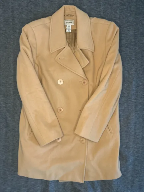 L.L BEAN WOMENS Pea Coat Tan Size 12 Double Breasted Button Long Sleeve ...