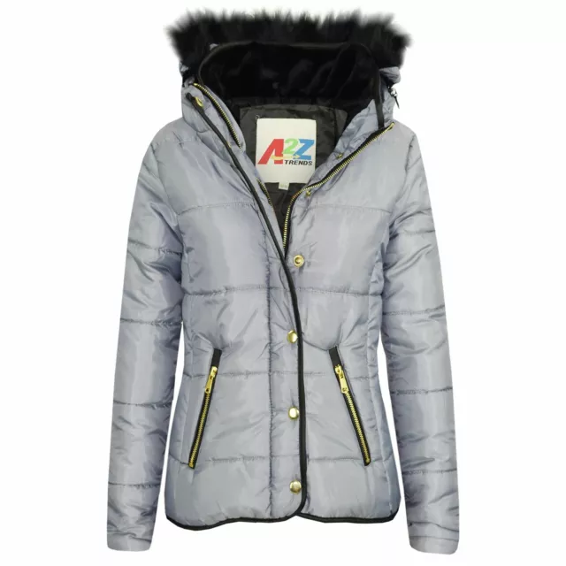 Kids Girls Puffer Quilted Coat Faux Fur Collar Silver Hooded Thick Warm Jacket