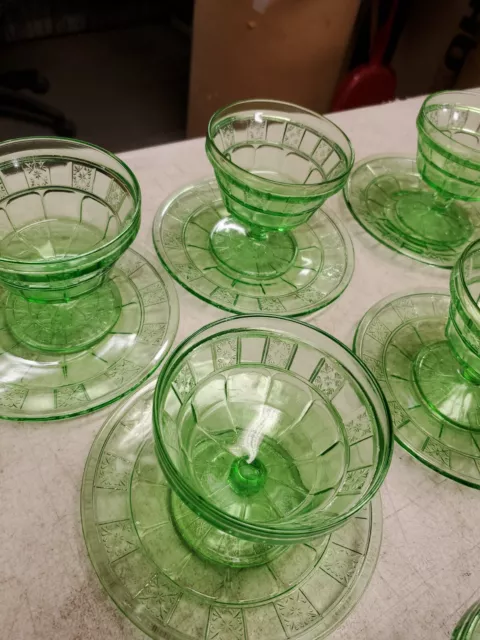 12pcs JEANETTE  DORIC 6” GREEN DERESSION GLASS PLATES 3.5" Sherbert  Creamer 3