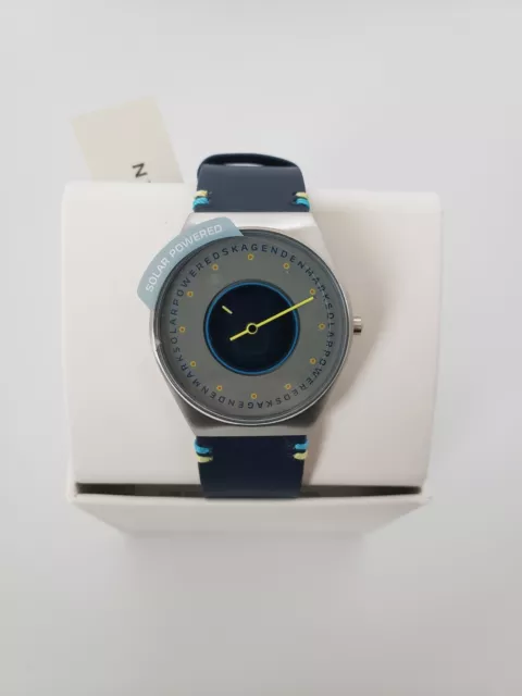 Skagen Denmark Grenen Men's Solar Halo Ocean Blue Leather Watch NIB SKW6873