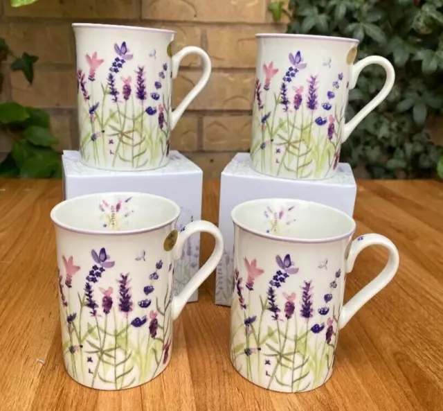 Lavender Flower Mugs Set of 4 Fine China Purple Flower Coffee Mugs