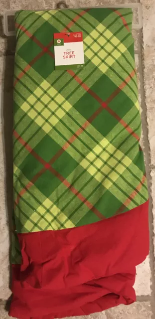 Falda de árbol de vacaciones de Navidad verde y roja con borde rojo nueva