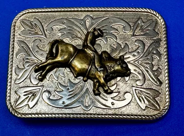 Western Cowboy Rodeo Bull Rider Riding Flower Swirl Two Tone Vintage Belt Buckle